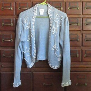 Lovely APART Medium Blue Pearl Trim Knit Cardigan Sweater